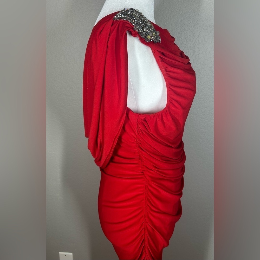 JS Boutique Red Rhinestone Embellished Ruched Cocktail Holiday Dress Size 12 - Picture 7 of 15